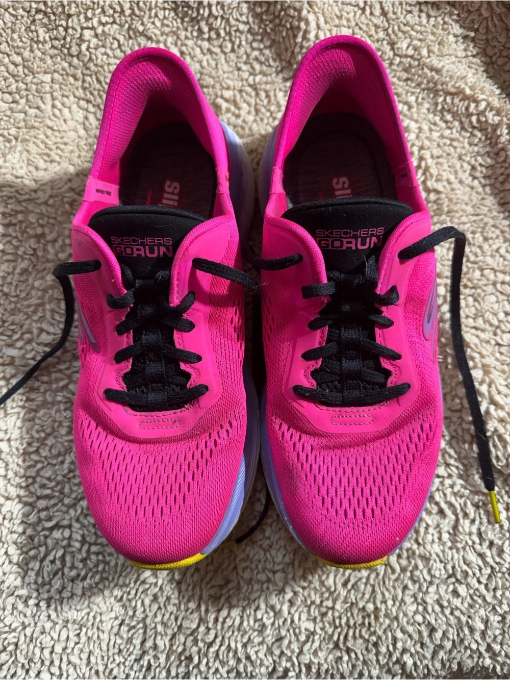 Skechers Women’s Hot Pink Athletic Slip-On Max Cushion Shoe with Purple Accents